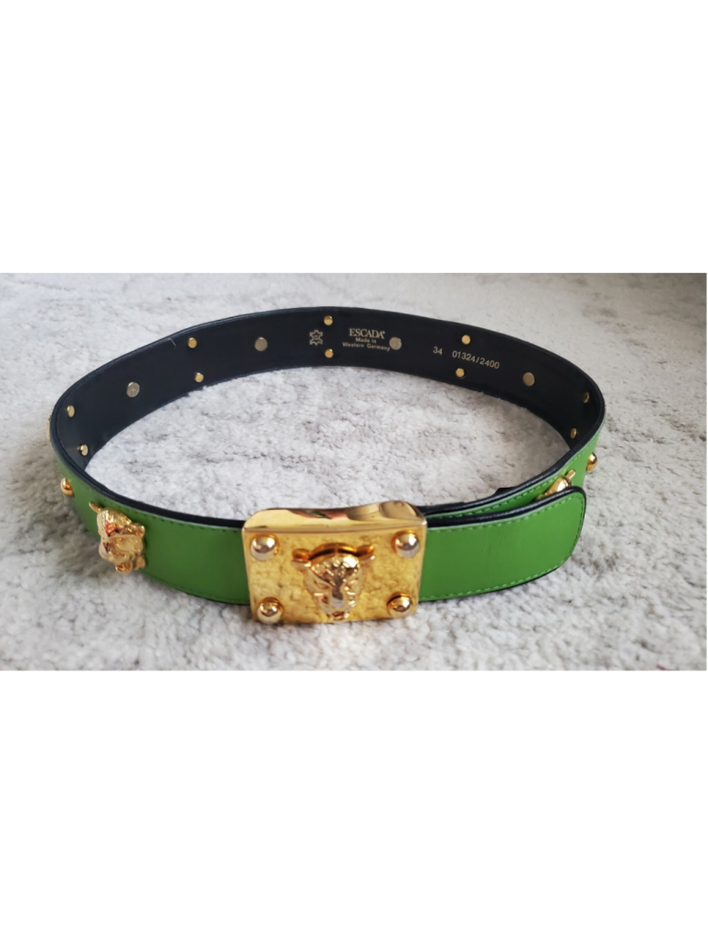 Vintage Escada Green Leather Belt with Gold Panther Hardware